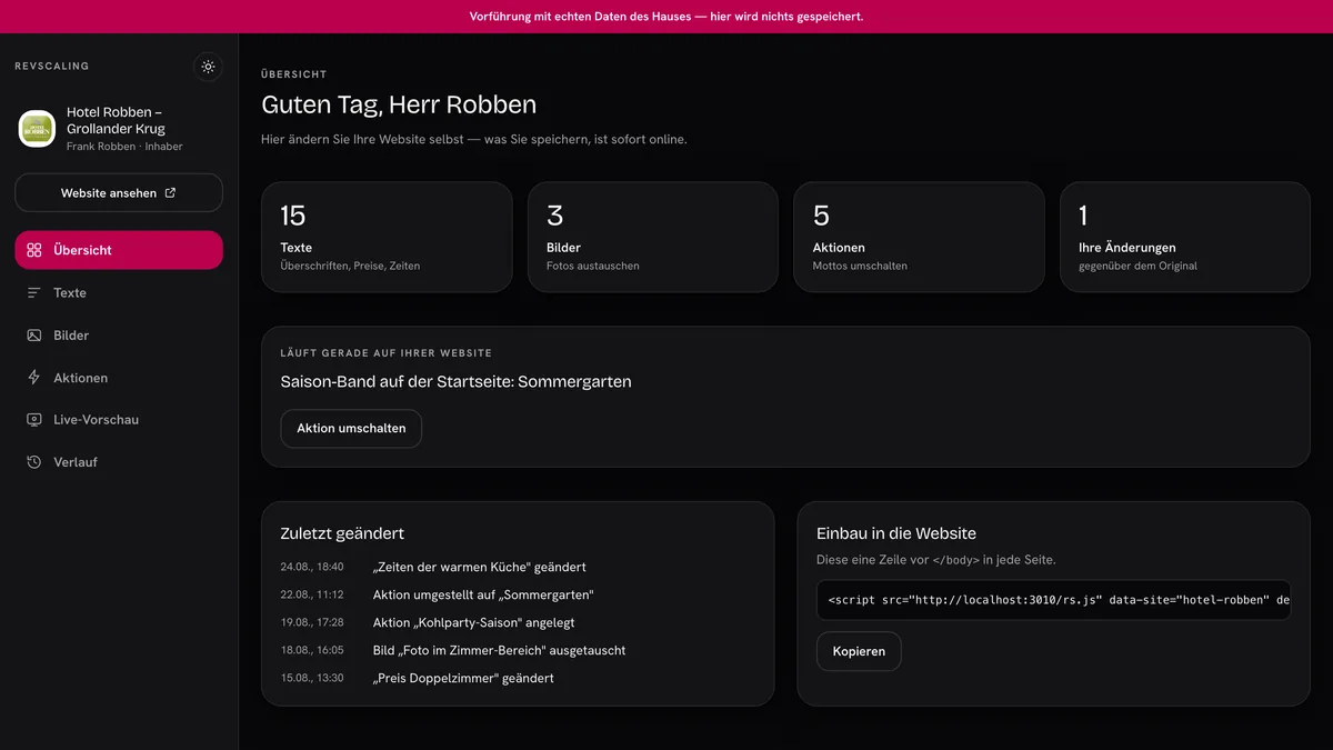Kunden-Dashboard von RevScaling mit Übersicht, Texten und Bildern