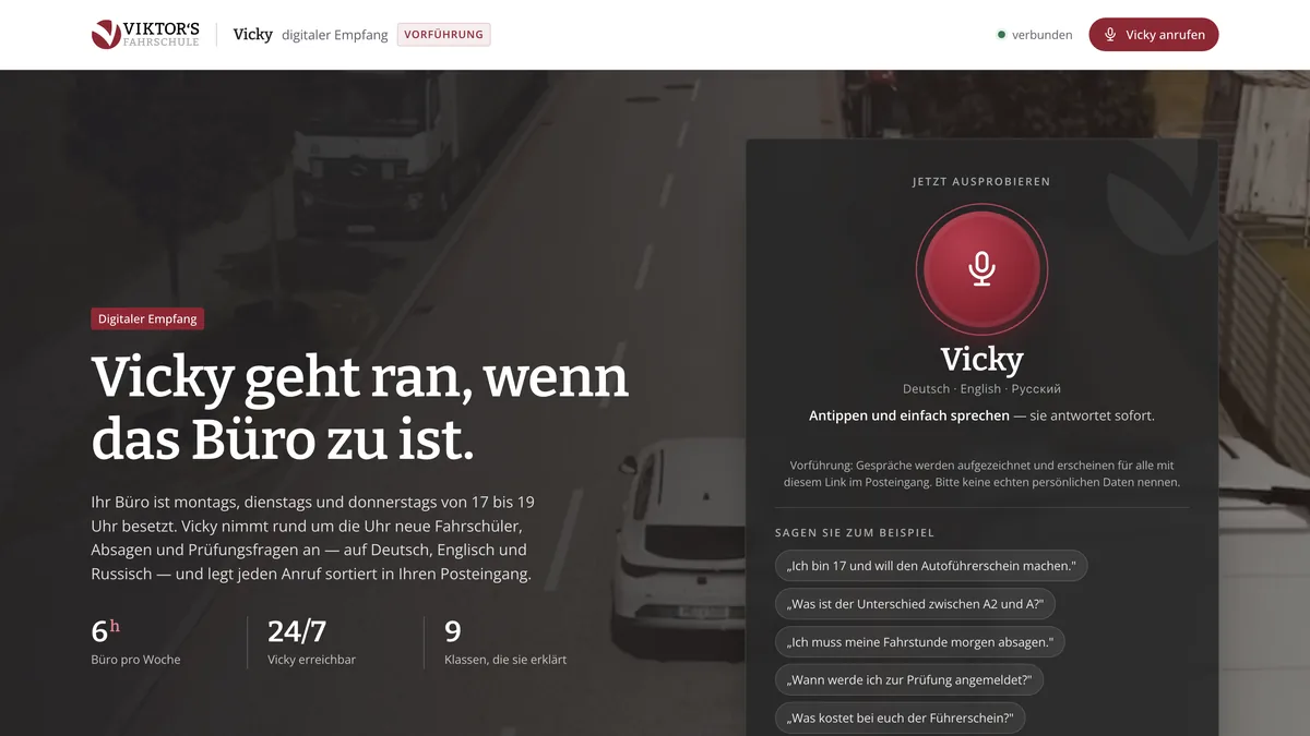 KI-Rezeptionistin Vicky von Viktor’s Fahrschule: Startseite des KI-Empfangs