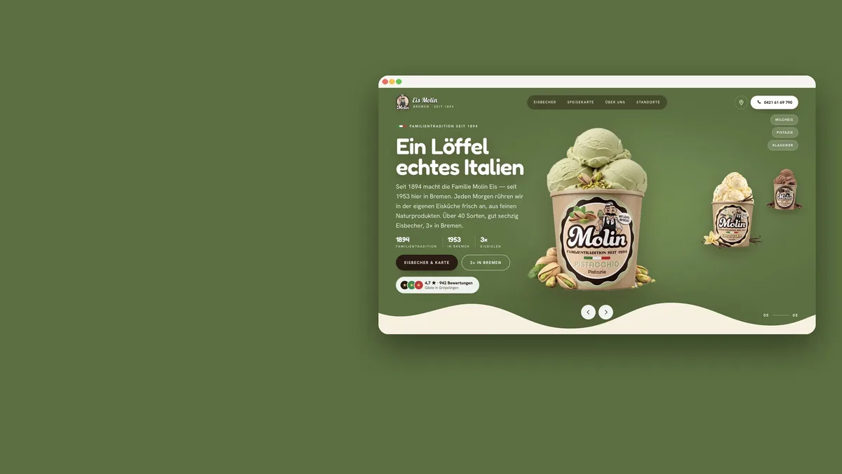 Website von Eis Molin als Browserfenster auf olivgrüner Fläche