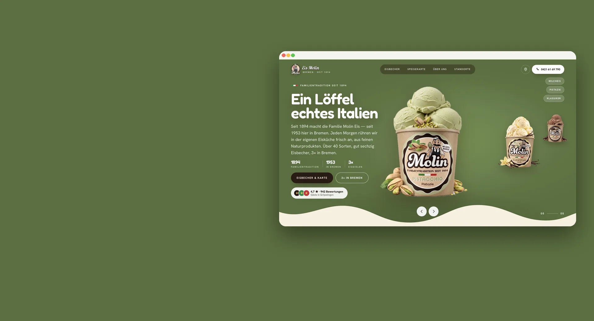 Website von Eis Molin als Browserfenster auf olivgrüner Fläche