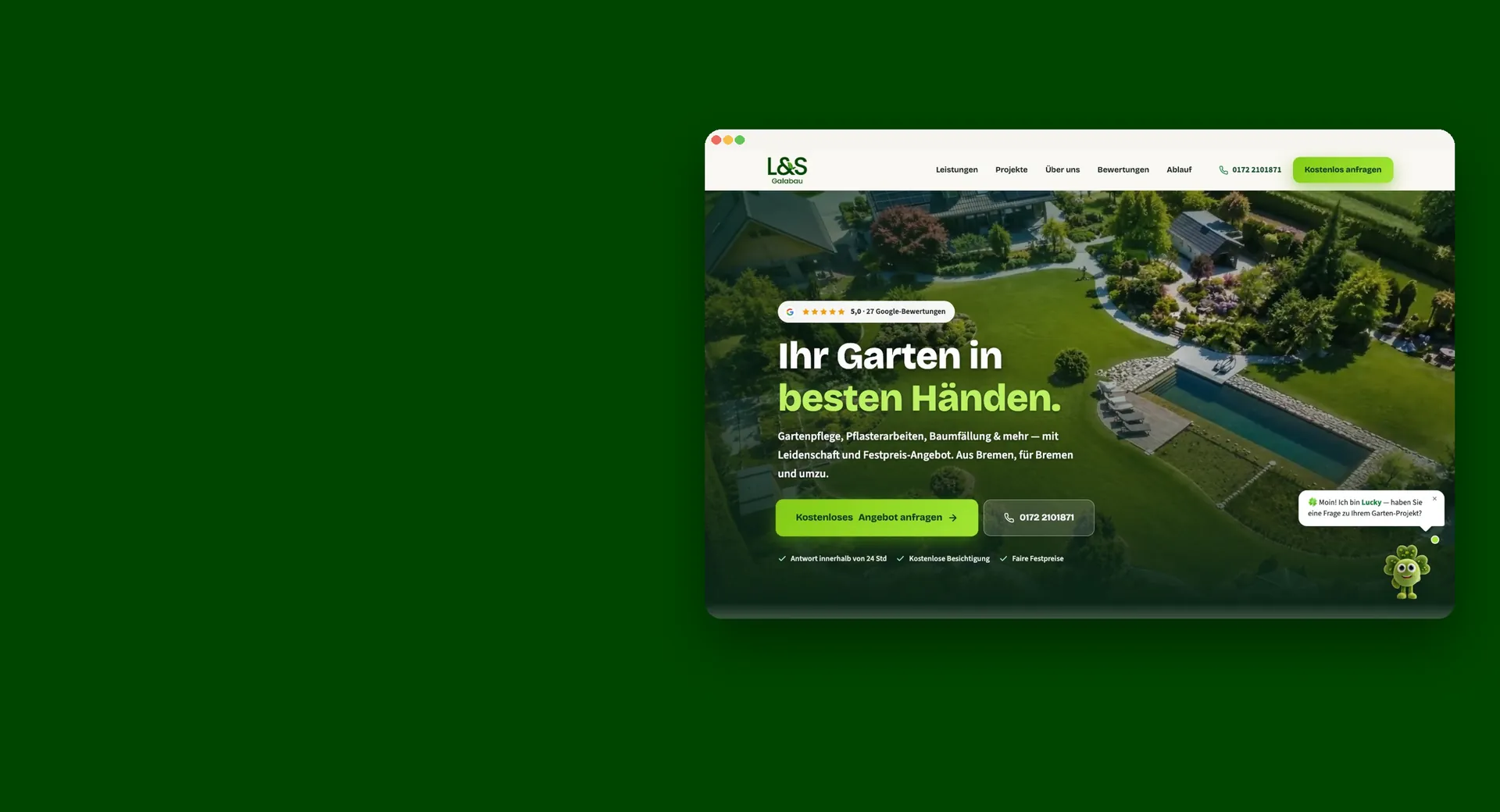 Website von L&S GaLaBau als Browserfenster auf dunkelgrüner Fläche