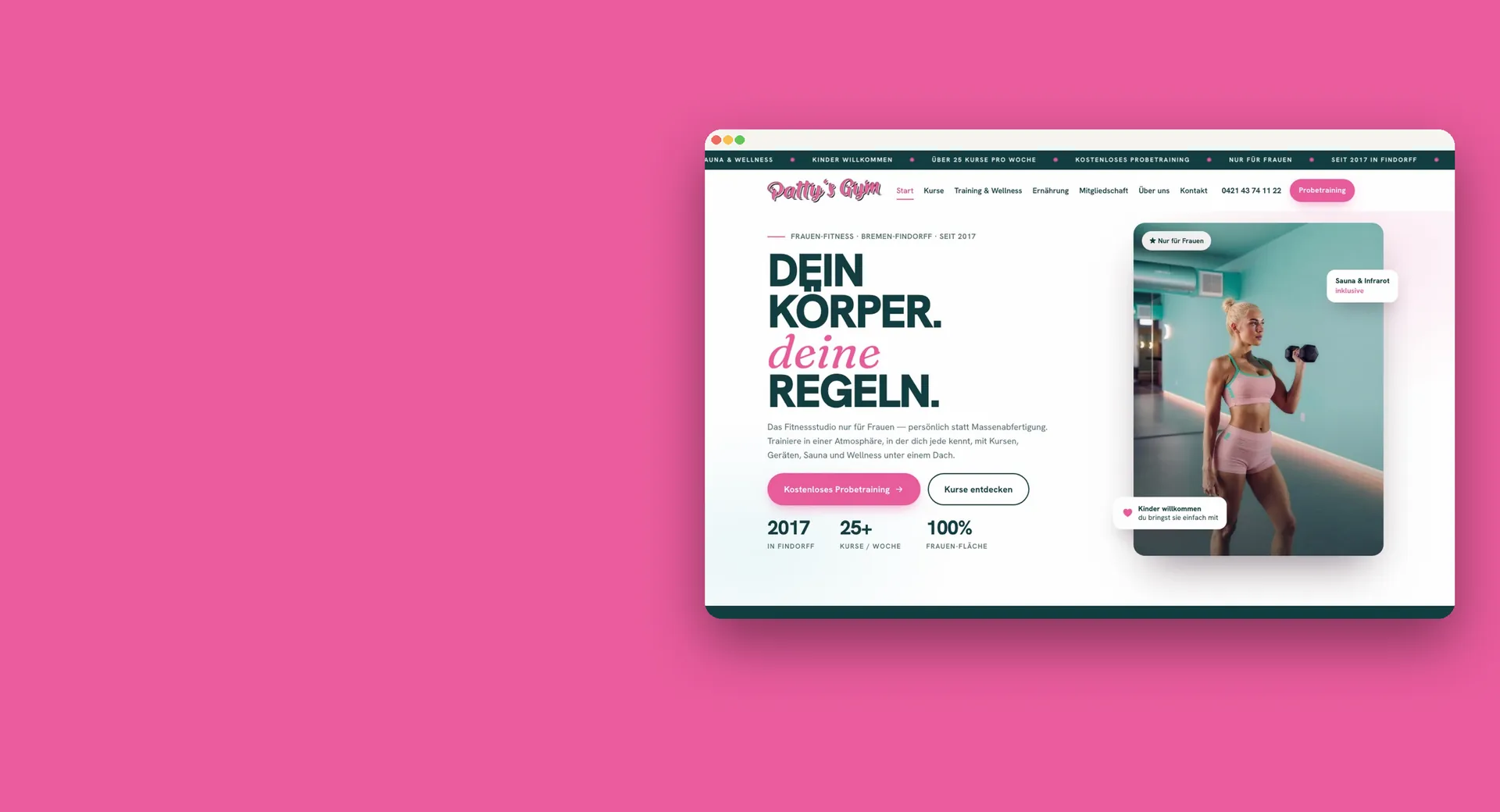 Website von Patty’s Gym als Browserfenster auf pinker Fläche