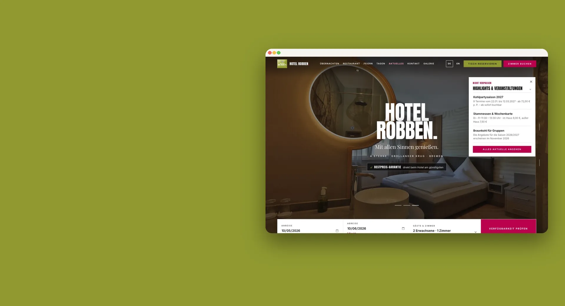 Website von Hotel Robben als Browserfenster auf grüner Fläche